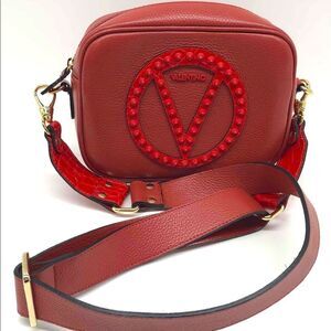 Mario Valentino Mia Studded Logo Leather Crossbody Bag Red